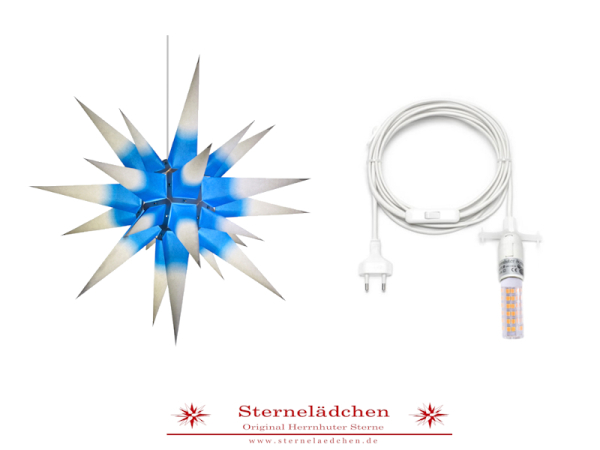 Herrnhuter Stern i6 weiß mit blauem Kern + Innenkabel
