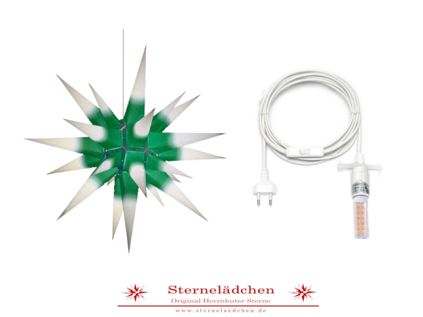 Herrnhuter Stern i6 weiß mit grünem Kern + Innenkabel